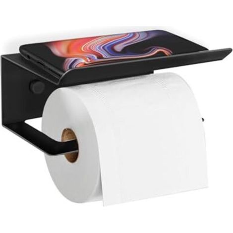 Porte Papier Toilette Noir sans Perçage, Montage Mural Auto-Adhésif, Support Papier Toilette en Acier Inoxydable avec Étagère, Accessoire WC Moderne pour Salle de Bain (1/5)