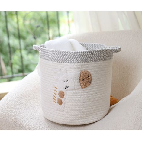 Grand Panier Rangement pour Jouets, Coton Panier Corbeille A Linge avec Poignées pour Couverture, Panier Corde de Coton Fabriqué, Girafes Beige 28x28cm (1/4)