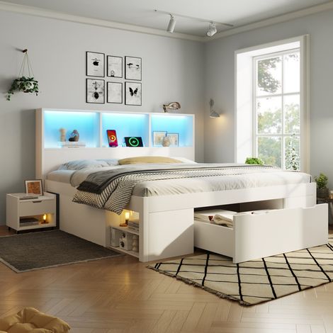 Letto matrimoniale 140x190 cm bianco in legno con contenitore e LED, senza materasso – MEUBLIV (1/5)