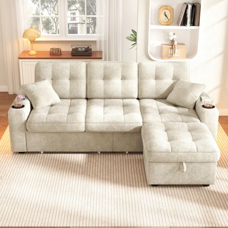 Canapé 3 places 194.5x133x83 cm avec pouf coffre,2 tiroirs,USB ,Type C, LED ,2 porte gobelets rangement latéral Chenille Beige (1/5)