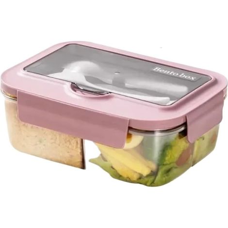 Boîte à lunch portable pour les repas, couleur rose, fermeture hermétique, compatible micro-ondes, avec couverts et séparateurs.-AquaForge (1/5)