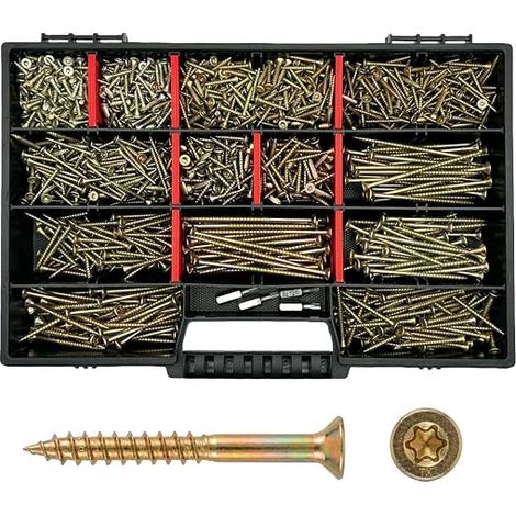 Coffret de 1000 vis – vis à bois et vis à panneaux de particules 3x12 à 4,5x80 – incluant 4 embouts TX et un coffret d'assortiment – qualité professionnelle (1/5)