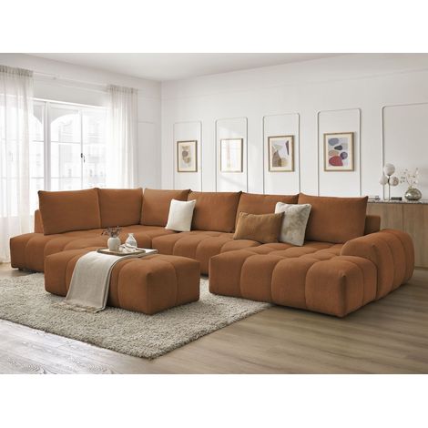 BOBOCHIC - Canapé panoramique convertible coffre EVEREST tissu chiné avec pouf Angle droit Orange (1/5)