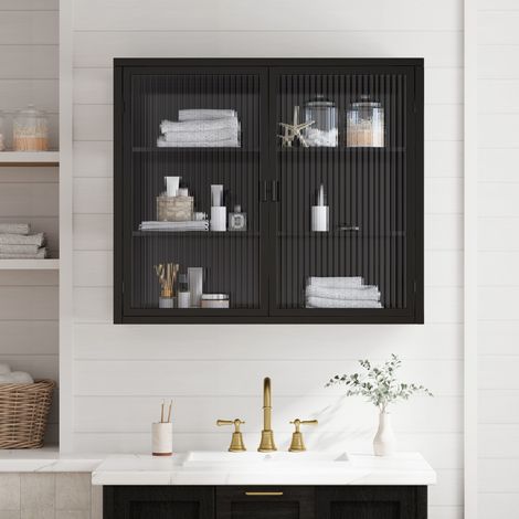 Armario de pared moderno de 70 cm con dos puertas, cristal transparente blanco y tres niveles de almacenamiento para recibidor, salón, baño o comedor (SKU: W2552P167022). (1/5)