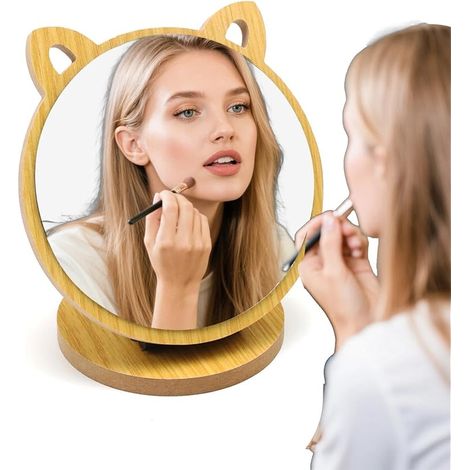 Miroir Maquillage avec Angle Réglable, Petit Miroir sur Pied avec Base en Bois, Glace Grossissante à Oreilles de Chat, Diamètre de 12 cm, pour Chambre à Coucher, Dortoir, Hôtel, Voyage