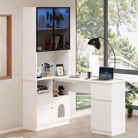 Bureau d'angle blanc avec rangements et vitrine LED 120 x 80 x (1/5)