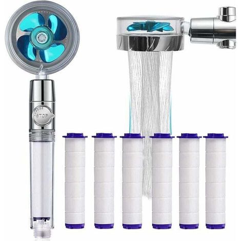 Handbrause, wassersparender Duschkopf mit Antikalkfunktion, Universal-Filterduschkopf, 360°-Propellerduschkopf mit 6 PP-Baumwollfilterelementen (blau), Komfort und Füllung – Crezuo