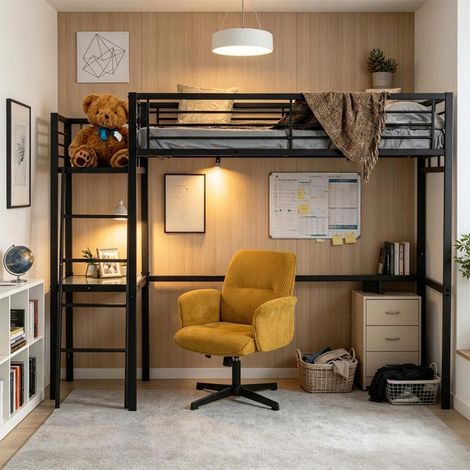 Lit Mezzanine 2 Places avec Fauteuil Réglable et Bureau en Verre Trempé, Gain de Place pour Chambre Étudiant Adolescent Adulte, Cadre Métallique, Noir + Jaune (1/5)