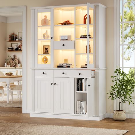 Vitrina 119,5 x 40 x 180 cm con LED, 4 cajones, 5 puertas, vidrio templado y MDF blanco (1/5)
