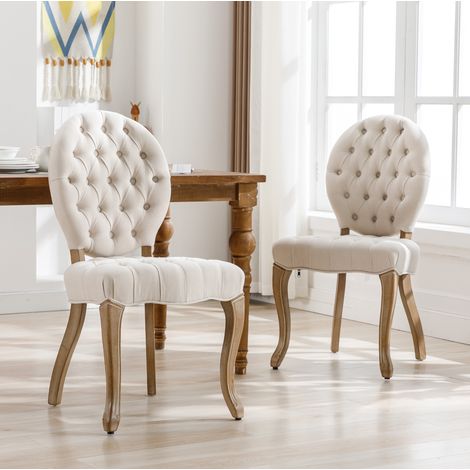 Französische Esszimmerstühle 2er-Set aus Leinen mit Knopfheftung und Holzbeinen Creme MODENUIT (1/2)