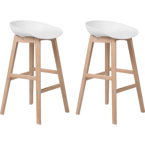 Juego de 2 taburetes de bar de madera clara y asiento de plástico blanco 85 cm silla de mostrador Micco