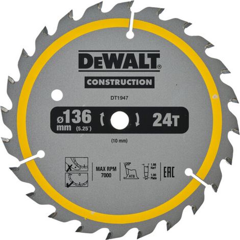 Dewalt DT1947 Construction Circular Saw Blade 136mm x 10mm x 24T