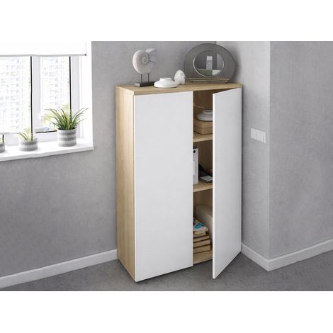 Mehrzweck-Kabinett Plano, Mehrzweckschrank mit 2 Türen, Schuhschrank mit 3 Einlegeböden, Modernes Schuhregal, cm 80x33h119, Eiche und Weiß (1/5)