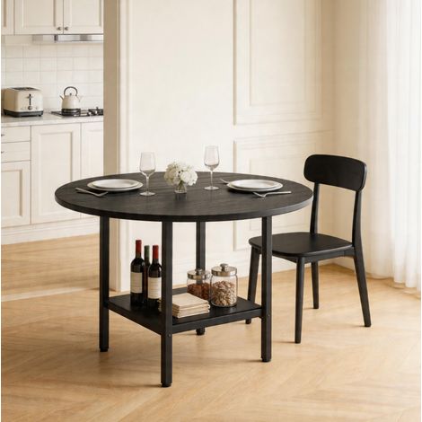 Tavolo da pranzo rotondo 100x100x77 cm, con ripiano contenitore, per 4 6 persone, MDF e metallo nero (1/5)