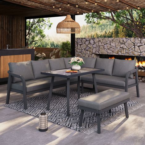 Ensemble de jardin en acier gris pour 8 personnes, avec plateau en verre et style moderne (1/5)