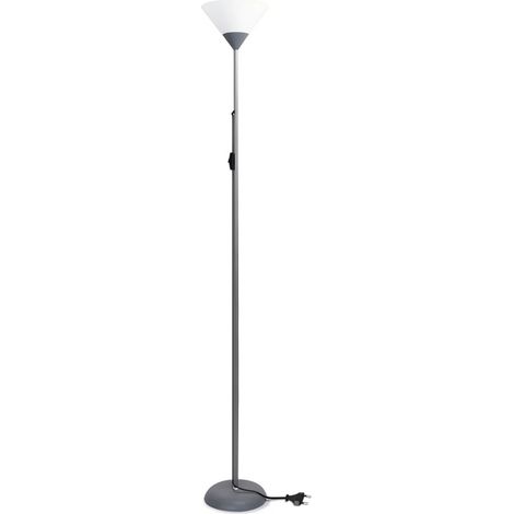 Lampadaire de sol simple, pied métal gris, abat-jour tissu blanc, douille E27, éclairage décoratif pour salon chambre, design élégant
