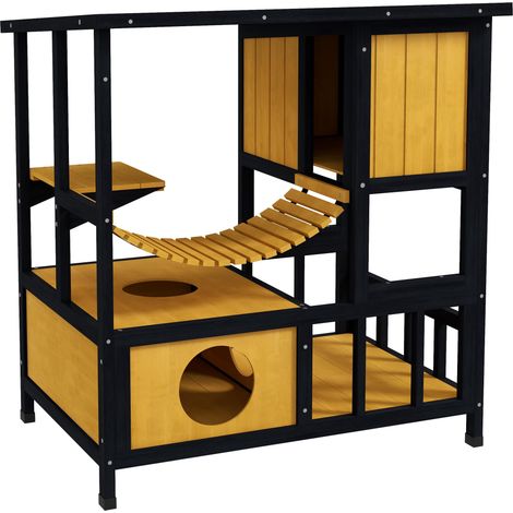 Niche pour chat en bois, avec pont suspendu et balcon, étanche, pour 1 à 2 chats jusqu'à 5 kg, jaune (1/5)