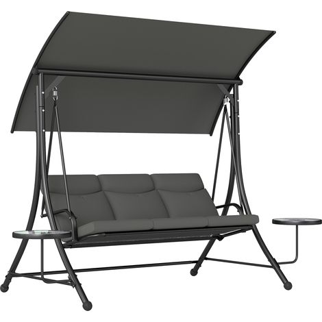 Three-Seater Garden Swing, with Adjustable Canopy - Black/Grey