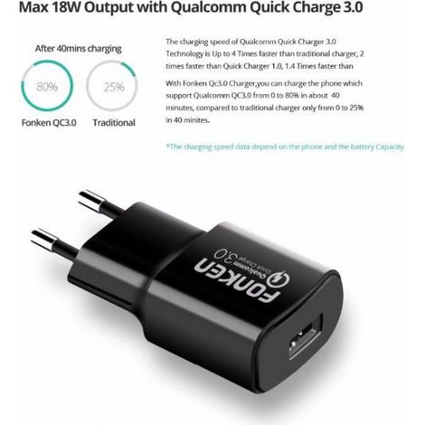 Chargeur Secteur QC 3.0 FONKEN Quick Charge 18W Compatible QC 2.0 Blanc (1/4)