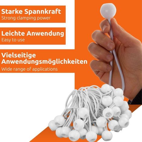 50 elastici, set di elastici, ganci elastici con sfera in plastica, elastico per tende, teloni, gazebo da giardino, tende, alta tensione, bianco (1/4)