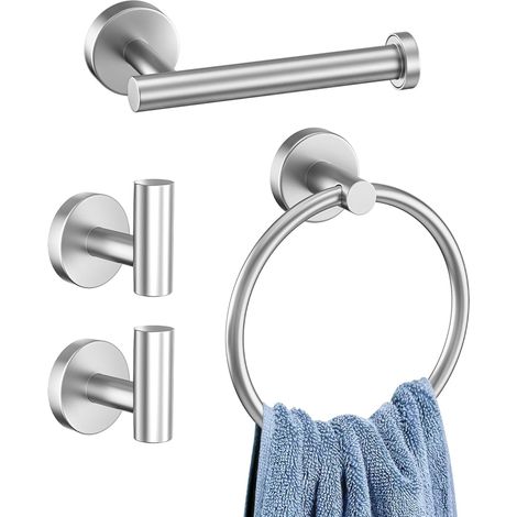 Ensemble de 4 accessoires de salle de bain noir mat – Anneau porte-serviettes mural en acier inoxydable antirouille, porte-papier toilette, crochets pour peignoir
