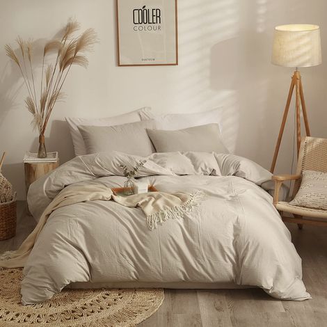 Parure de lit moderne pour lit double en coton tricoté jersey comprenant 1 housse de couette bohème, style simple, et 2 taies d'oreiller, beige (1/5)