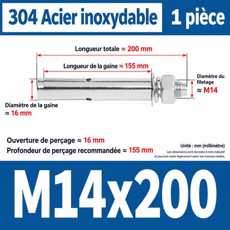 Goujon d'ancrage cheville métallique M14x200 mm inox 304 m14 200 1 pièces 1 kg – Livraison gratuite
