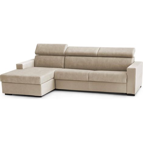 Talamo Italia - Divano letto con penisola Aloet, Sofà apertura girevole, Penisola contenitore Sinistra, Braccioli slim, 100% Made in Italy, Cm 260x95h85, Beige (1/5)
