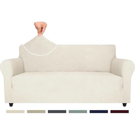 Housse de Canapé 3 Places avec Accoudoirs, Housse Canapé Extensible, Protection Canape Chien, Universelle Hiver Sofa Cover, Antidérapante Housses de Canapé, Crème (1/5)