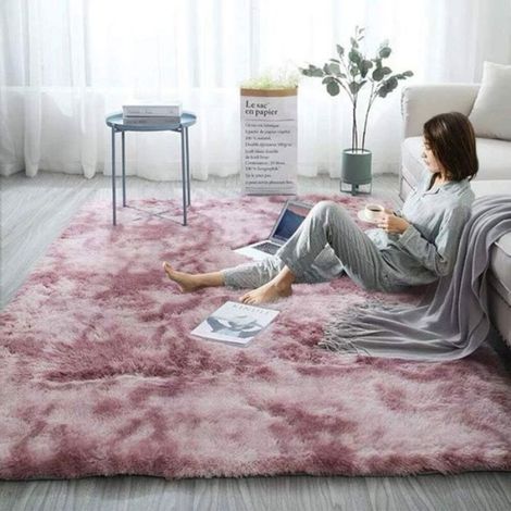 Tapis moelleux en fausse fourrure - - 160x120 cm - Antidérapant - Rose - Peluche longue - Facile à nettoyer (1/4)