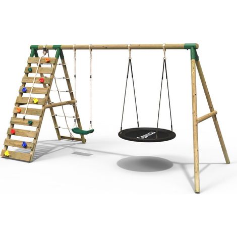 Rebo Wooden Swing Set with Up and Over Climbing Wall - Vale Green