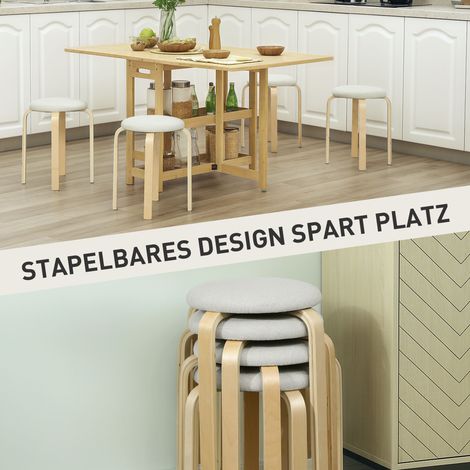 Lot de 4 tabourets rembourrés empilables, assise laquée blanc crème, pieds en bois (1/4)