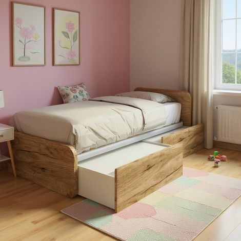 Letto singolo con cassetti 80x190 per cameretta - Design personalizzabile - Quercia