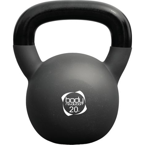 Kettlebell negro 20 kg Body Revolution con mango ergonómico y base plana. Hierro fundido con recubrimiento de neopreno para entrenamientos seguros y versátiles