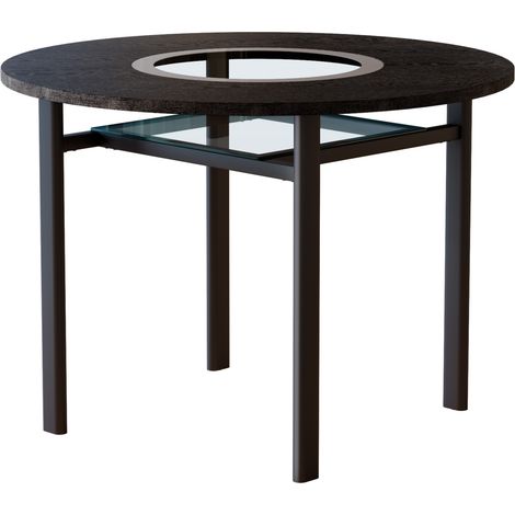 Table à manger ronde 100 cm avec plateau en MDF noir texturé et insert en verre gris (1/5)