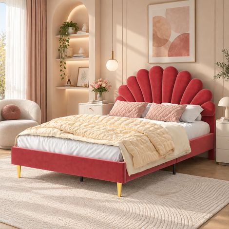 Lit double 140×200 cm,tête de lit rembourré en forme de pétale,lit capitonné,pieds en métal,lit enfants renforcé,style moderne,cadre de lit 140×200,lit ados,sommier à lattes,Velours,Bordeaux (1/5)