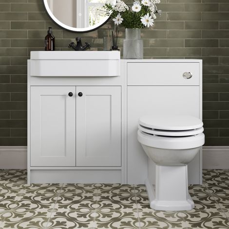 1120mm Bathroom Vanity Unit BTW Toilet Basin Freestanding Soft Close Traditional Black Handles, White (1/5)