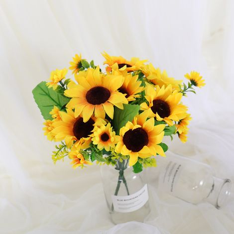3 künstliche Seiden-Sonnenblumenbüschel – Dekoration für Büro, Hochzeit, Garten (1/4)