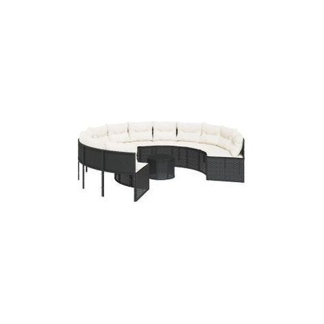 Canapé de jardin avec table coussins rond noir résine tressée (1/5)