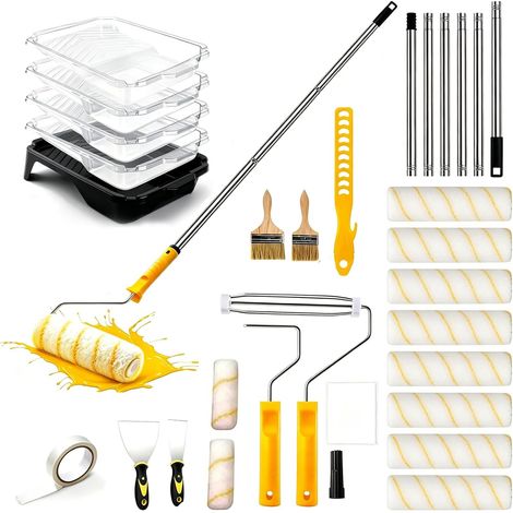 Rouleau Peinture,Set De Peinture 30 Pièces,Un Ensemble De Pinceaux à Rouleau Avec Bac à Peinture,Avec Manche Télescopique En Acier Inoxydable,Adapté Pour Murs,Plafonds,Portes Et Fenêtres (1/5)