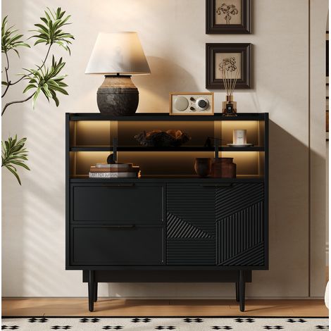 Meuble de rangement 80 x 35 x 80 cm avec bande LED, porte vitrée, noir OKMYHOME (1/5)