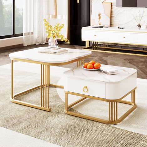 DESMIU Table basse gigogne 2 pièces avec tiroir, effet marbre brillant, détails dorés, pour salon, en MDF, blanc (1/5)