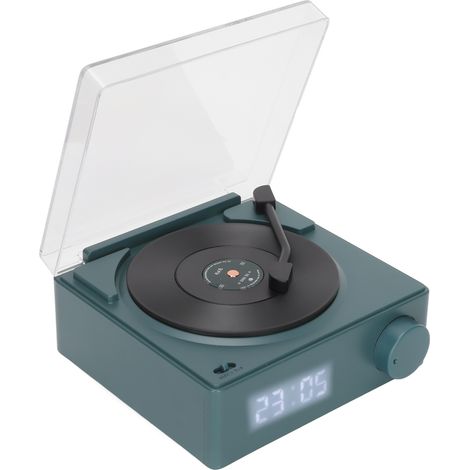 Réveil Bluetooth X11 avec haut-parleur intégré, son stéréo à 360°, disque vinyle rotatif style rétro, alimentation CC 5V 1A, vert noir.