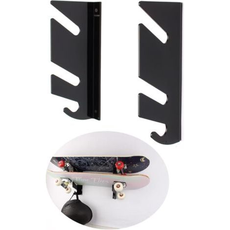 Sollbry 2pcs Support mural pour skateboard - Double étagère murale - Avec crochets de rangement - Pour longboard, snowboard, skateboard