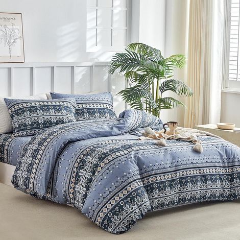 Ensemble de literie 4 pièces King-Size, microfibre douce, rayures bohèmes bleues
