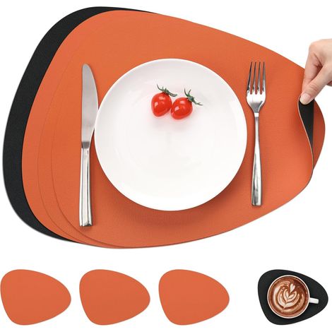 Set de table double face, antidérapant, lavable et imperméable, noir et orange, lot de 4. (1/5)