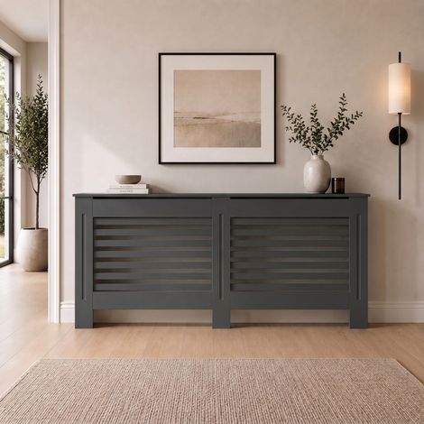 Radiator Cover Extra Large Anthracite Grey Modern Horizontal Slat MDF Cabinet with Display Shelf 1720x815x190mm (1/5)