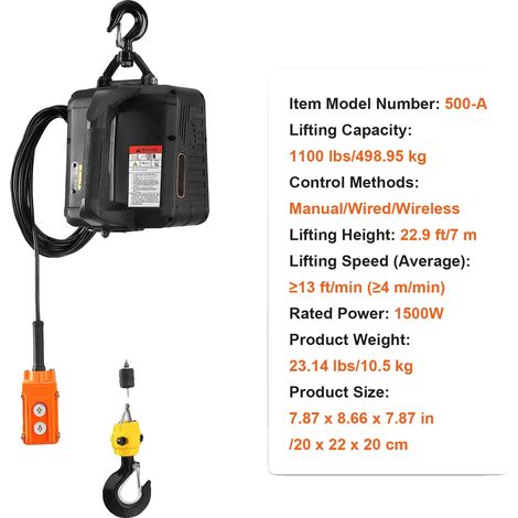 Treuil Électrique, Options de Contrôle 3-en-1, Capacité de Levage Lourde, 1100lbs (1/2)