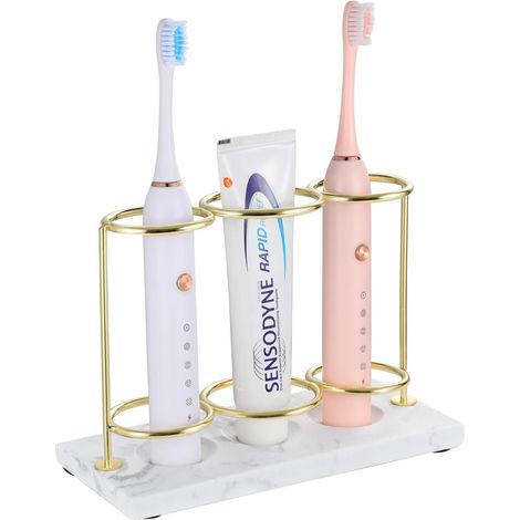 Porte-Brosse à Dents Électrique en Résine, Support de Brosse à Dents Électrique à 2 Couches avec 3 Fentes, Organisateur de Brosse à Dents Dentifrice pour Salle de Bain, Or + Marbre Blanc (1/5)