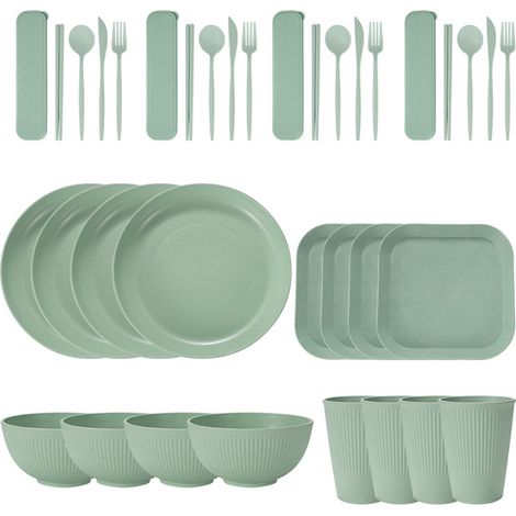 Service de table portable en paille de blé (bols, assiettes et tasses), couteau, fourchette, cuillère et baguettes portugaises. Ensemble de 36 pièces. (1/5)